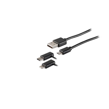 USB-A töltőkábel, 3 az 1-ben, PVC, fekete, 1 m