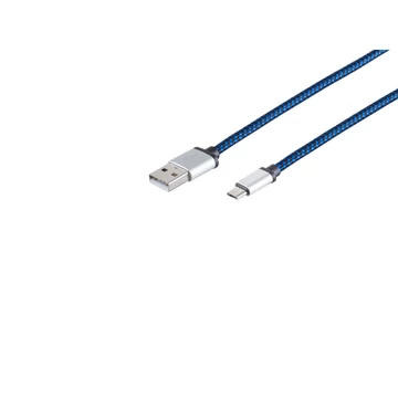 USB Micro B, töltőkábel, Nylon, kék, 2m